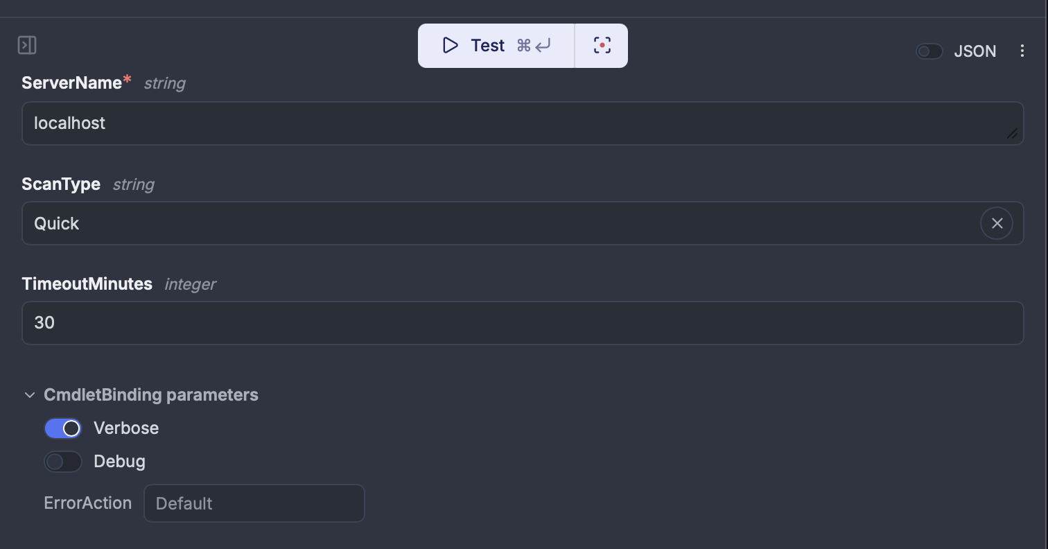 Auto-generated form with CmdletBinding parameters: Verbose/Debug toggles and ErrorAction dropdown