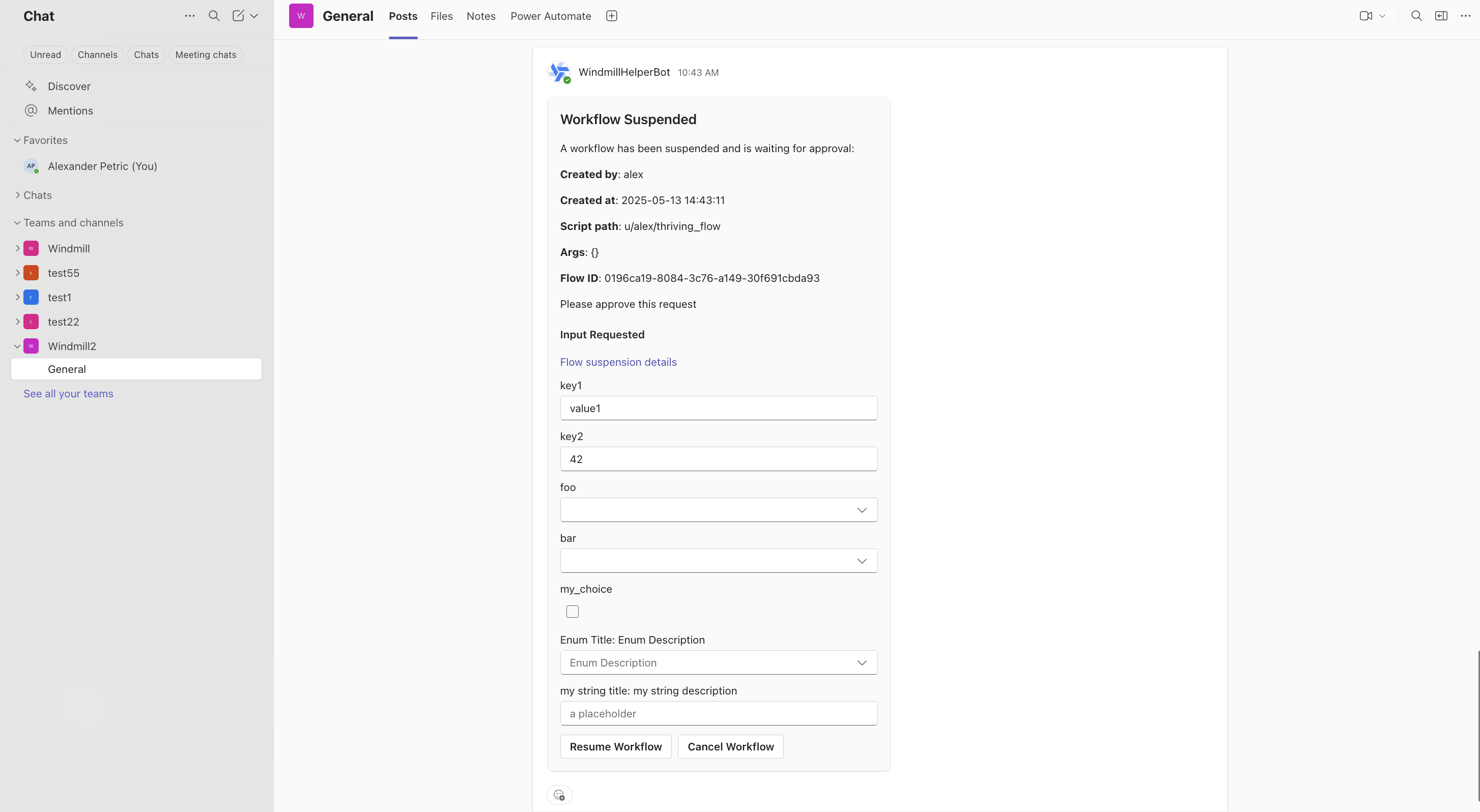 Interactive Teams approval with input fields and Resume/Cancel buttons